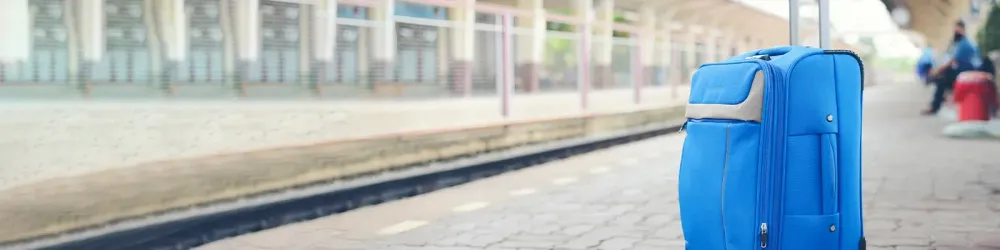 Banner of Travel Gray Luggage or suitcase at airport. Lost luggage while travelling to hotel. Tourist forget suitcase in international airline terminal. Baggage Travel concept.